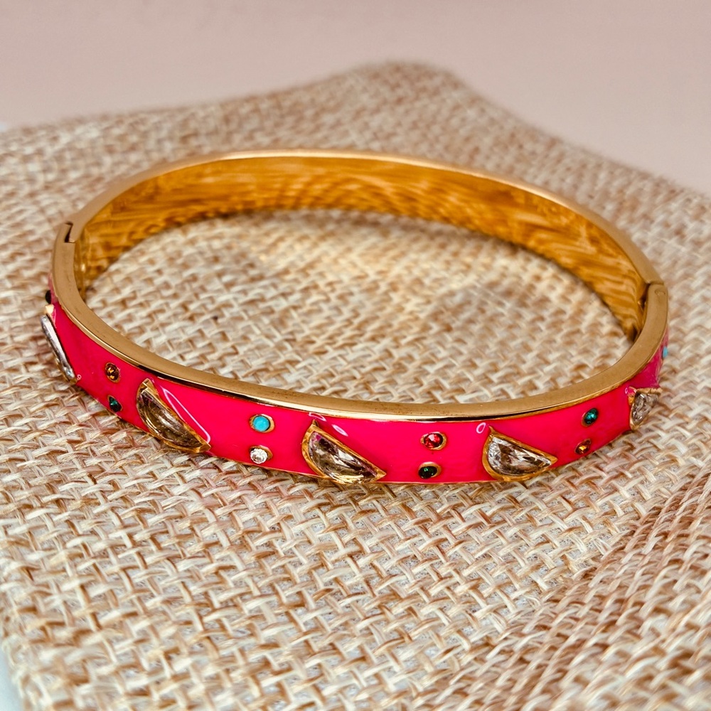 Vibrant Pink and Gold CZ Half Moon Design Bangle Stackable Bracelet
